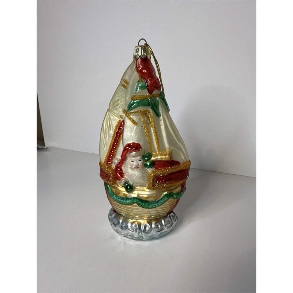 Mistletoe Magic Santa Claus Sailboat European Blown Glass Christmas Ornament
